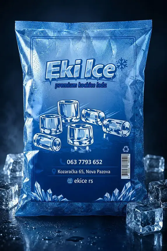 Premium pakovanje leda Eki Ice sa kockicama leda na tamnoj pozadini i ledenim efektima